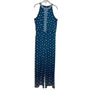 White House Black Market Jumpsuit women's M Teal Geometric Halter Wide Leg Lined